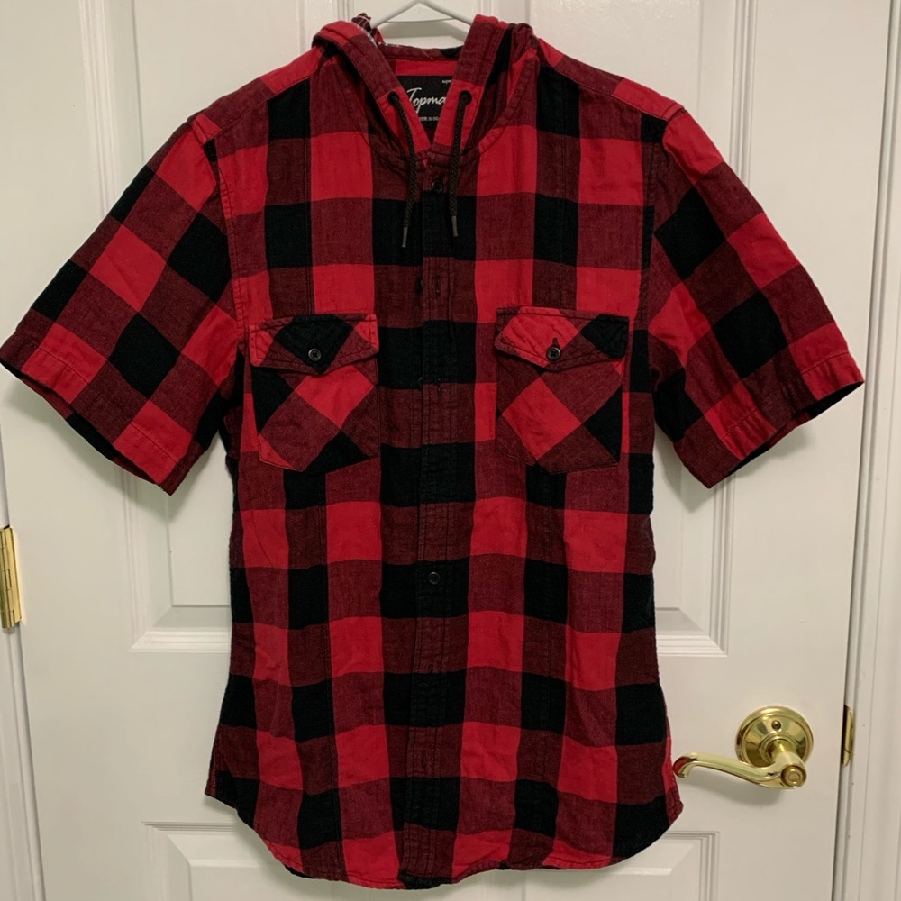 Topman Short Sleeves Polo with Hoodie Plaid